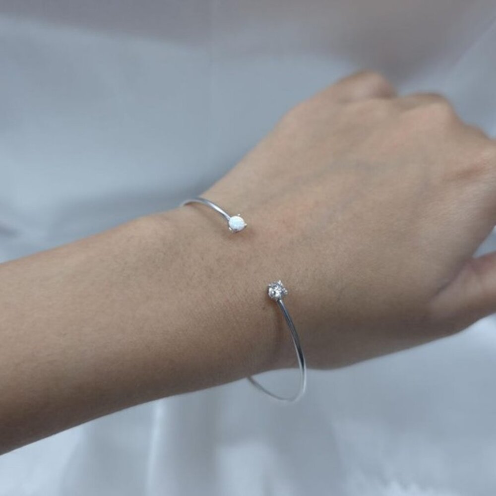 14Kt Gold Opal and Lab Grown Diamond Open Cuff Bangle